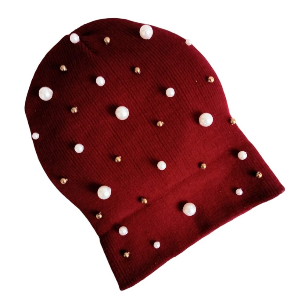 New Women's Embellished Beanie Beaded Knit Burgundy Cap One Size